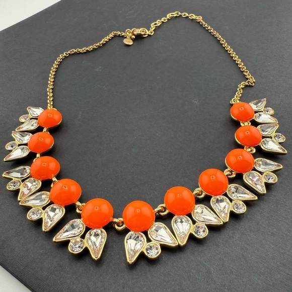 J. Crew Coral Enamel Stones and Glass Rhinestones Statement Gold Tone Necklace - Picture 7 of 8